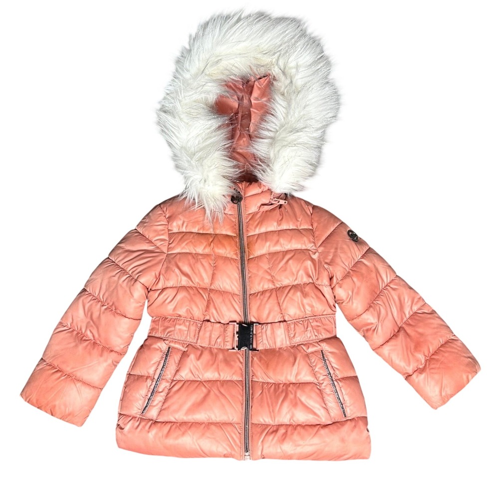 Michael Kors Kids Salmon Pink Puffer Jacket Faux Fur Hood Belted Winter Coat 3T